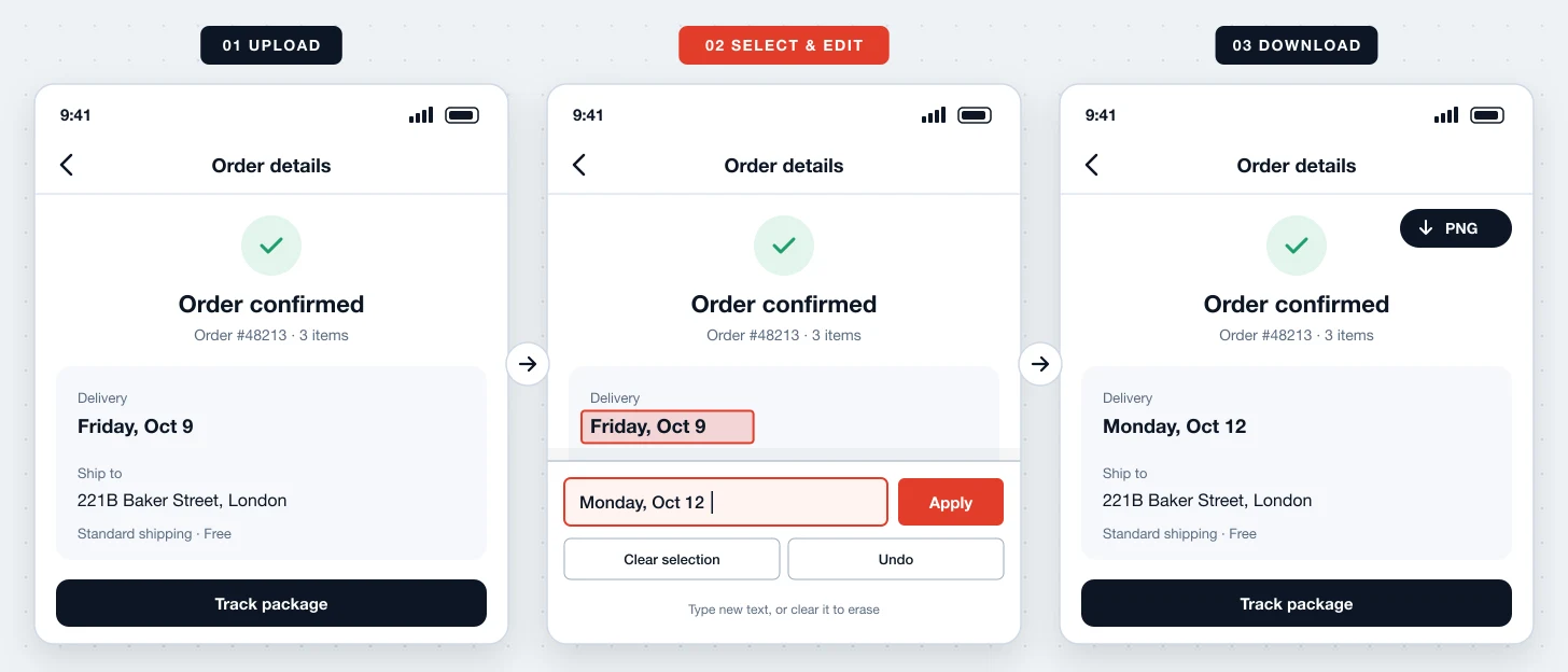 Edit text in screenshot demo: upload, select words, edit, download