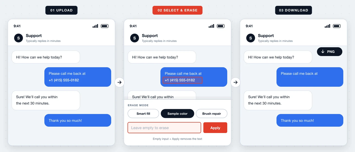 Erase text from screenshot demo: select words, choose erase mode, apply